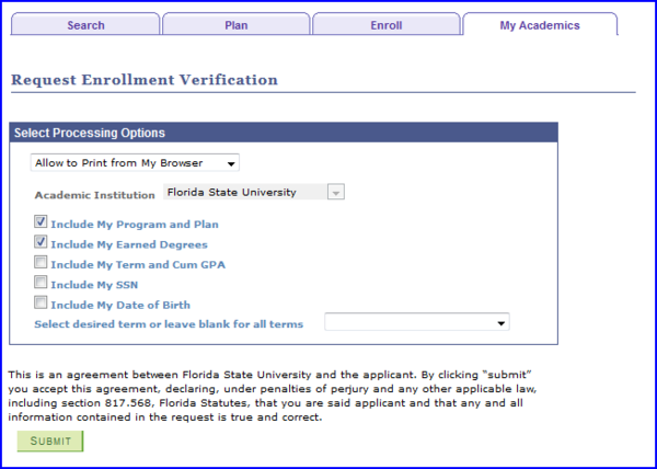Request Enrollment Verification page screen shot