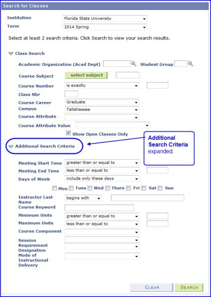 Additional Search Criteria expanded screen shot