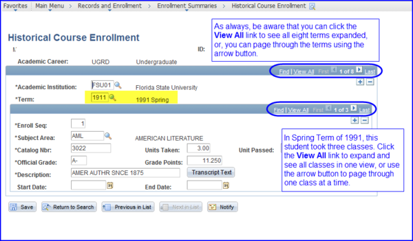 Historical Course Enrollment page screen shot