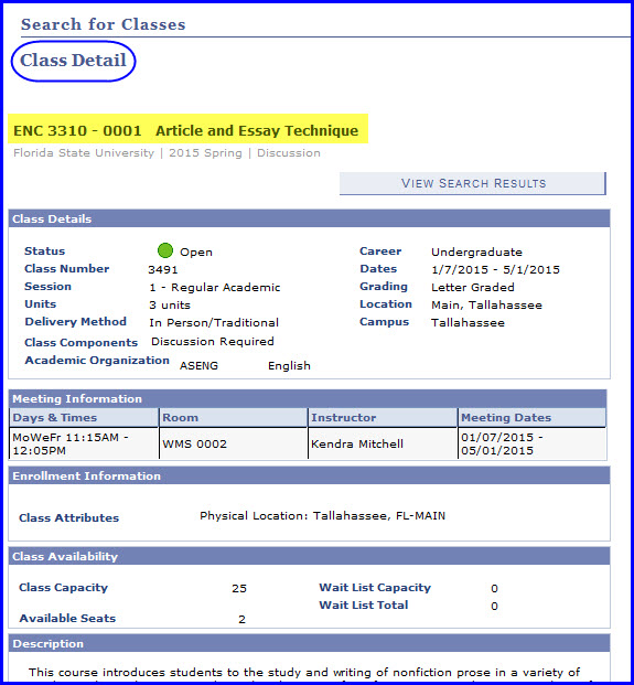 Class Detail page