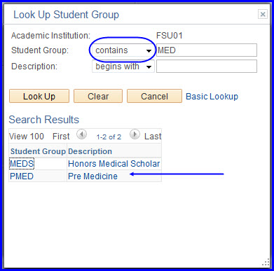 Look Up Student Group search