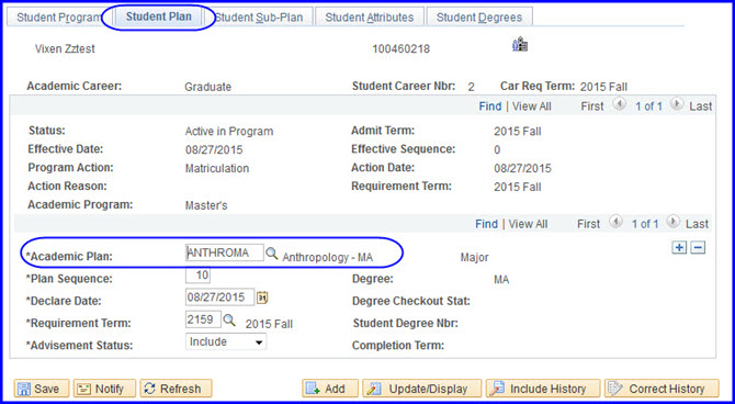 Student Plan tab selections