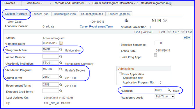 Student Program tab selections