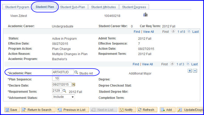 Student Plan tab-Academic Plan field selection