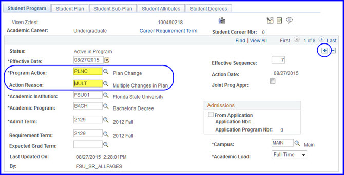 Student Program tab selections