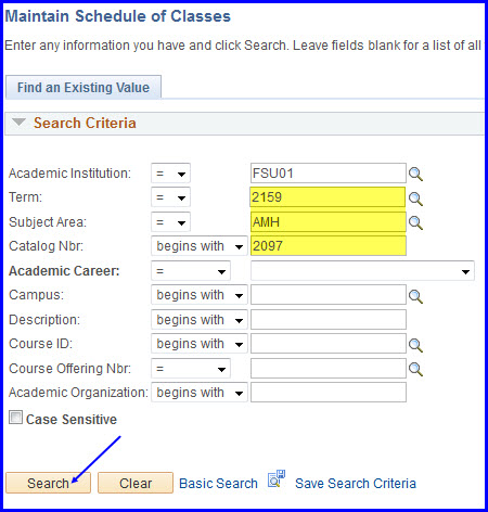 Maintain Schedule of Classes Search page