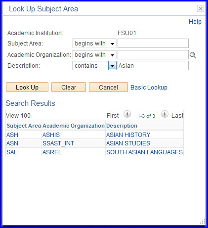 Look Up Subject Area Search Results