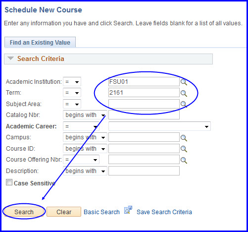 Schedule New Course Look Up and Search