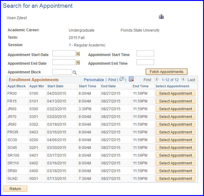 Select Appointments page