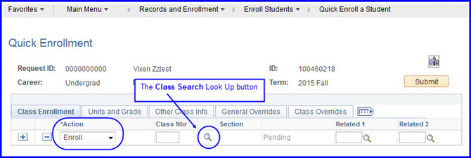 Action_Enroll and Class Search look up button