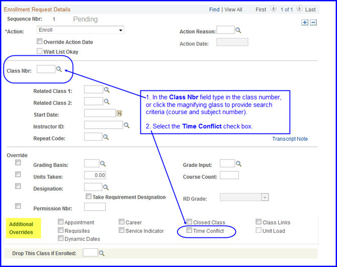 Class Nbr and Time Conflict selections