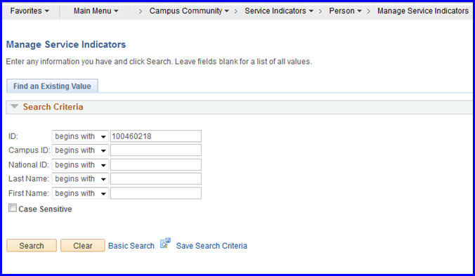 Manage SIs Search page