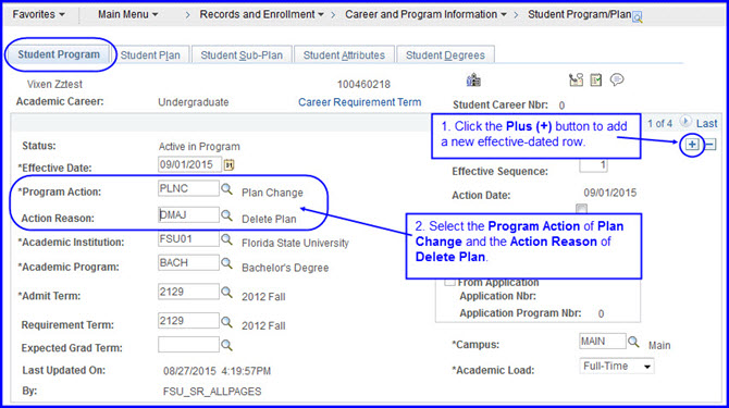 Student Program tab selections