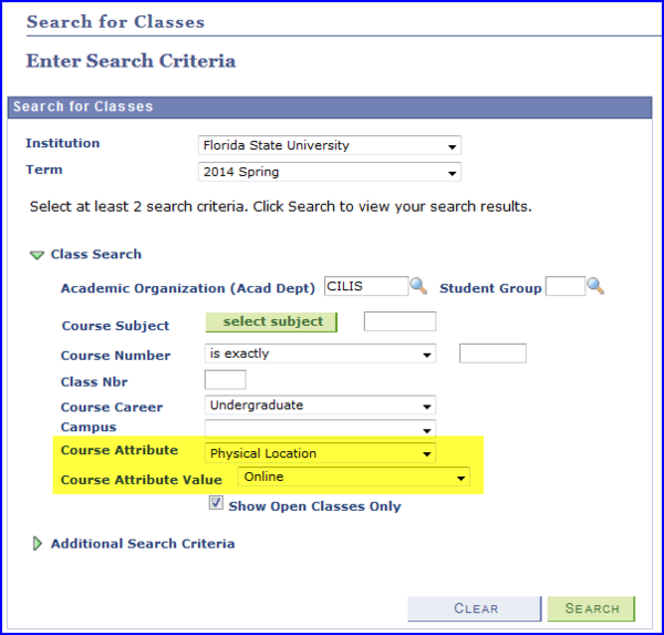 Course Attribute Value = Online screen shot