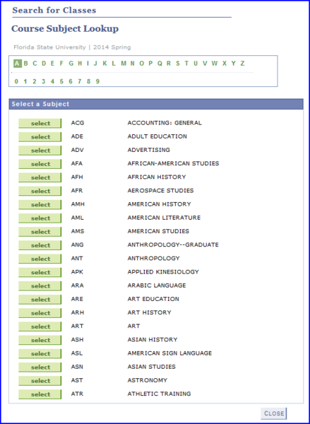 Course Subject lookup screen shot