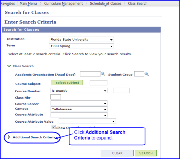 Search for Classes-Enter Search criteria page screen shot