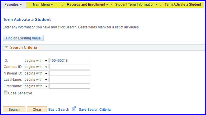 Term Activate a Student-Search