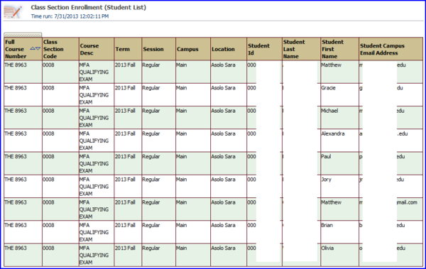 Class Section Enrollment detail view with students screen shots