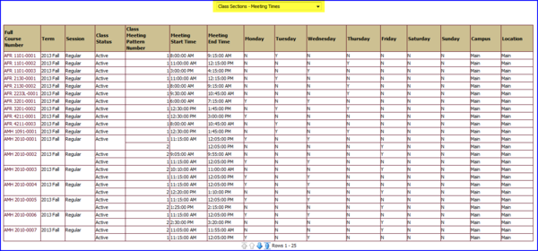 Class Sections Meetings Times view Report screen shot