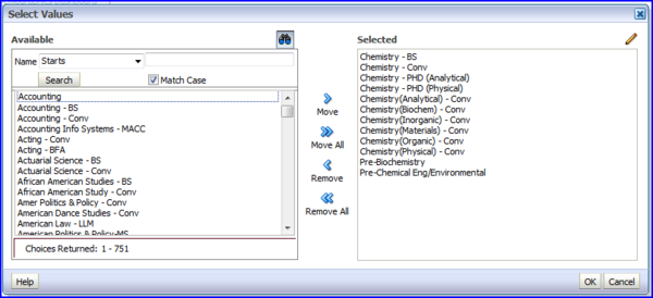 Select Values with Chemistry values screen shot