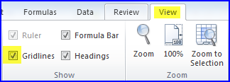 View gridlines selection screen shot