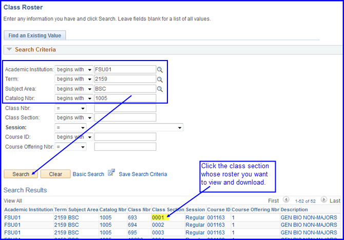 Class Roster Search parameters and results