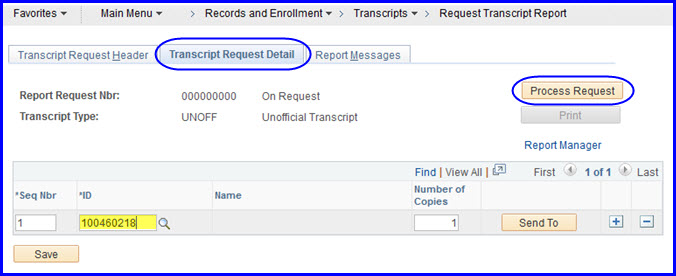 Transcript Request Detail tab