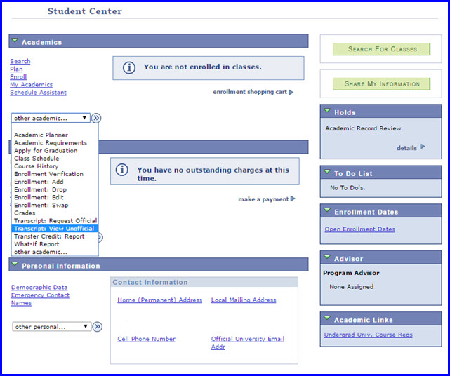 Student Center---View Unofficial Transcript